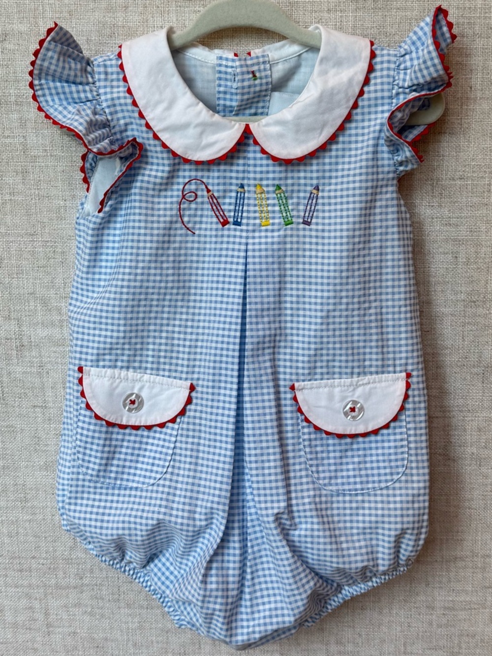 Proper Peony Toddler Girl Blue Gingham Pencils Embroidered Bubble Romper